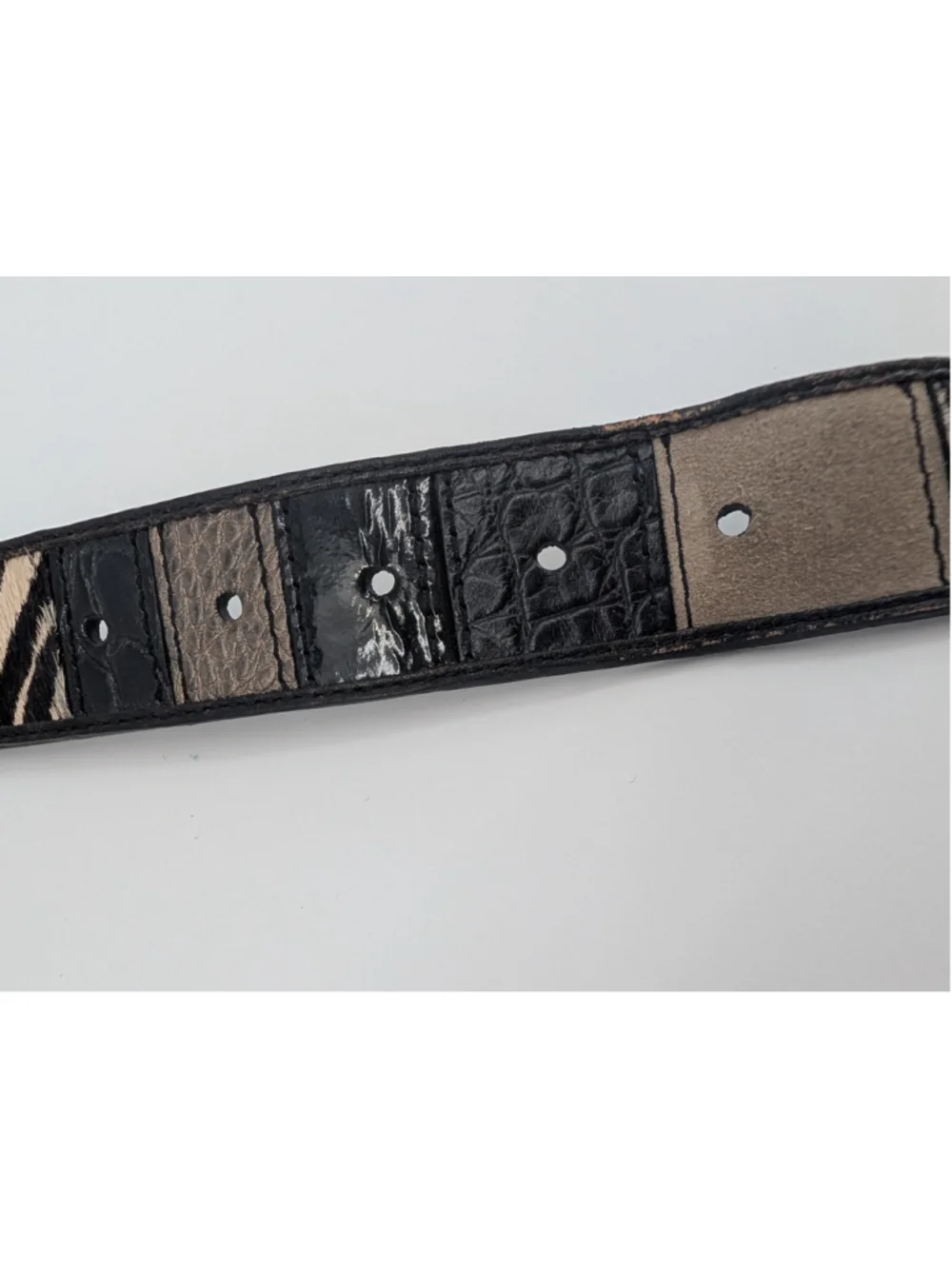 Fossil Leather Belt L Zebra Croc Suede Patchwork Black Taupe Animal Print Y2K